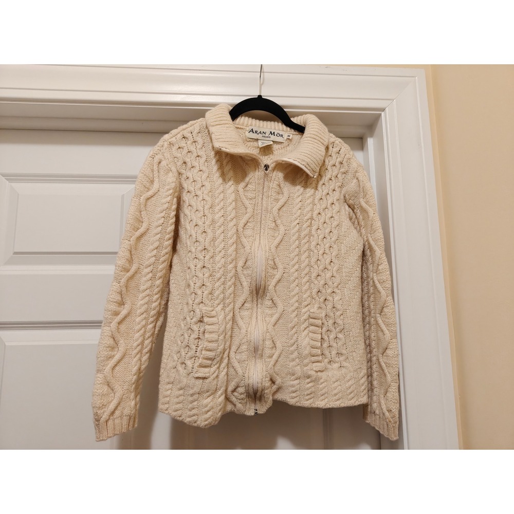 Aran Mor Ireland Womens Merino Wool Cable Knit Full Zip Cardigan Sweater Cream M